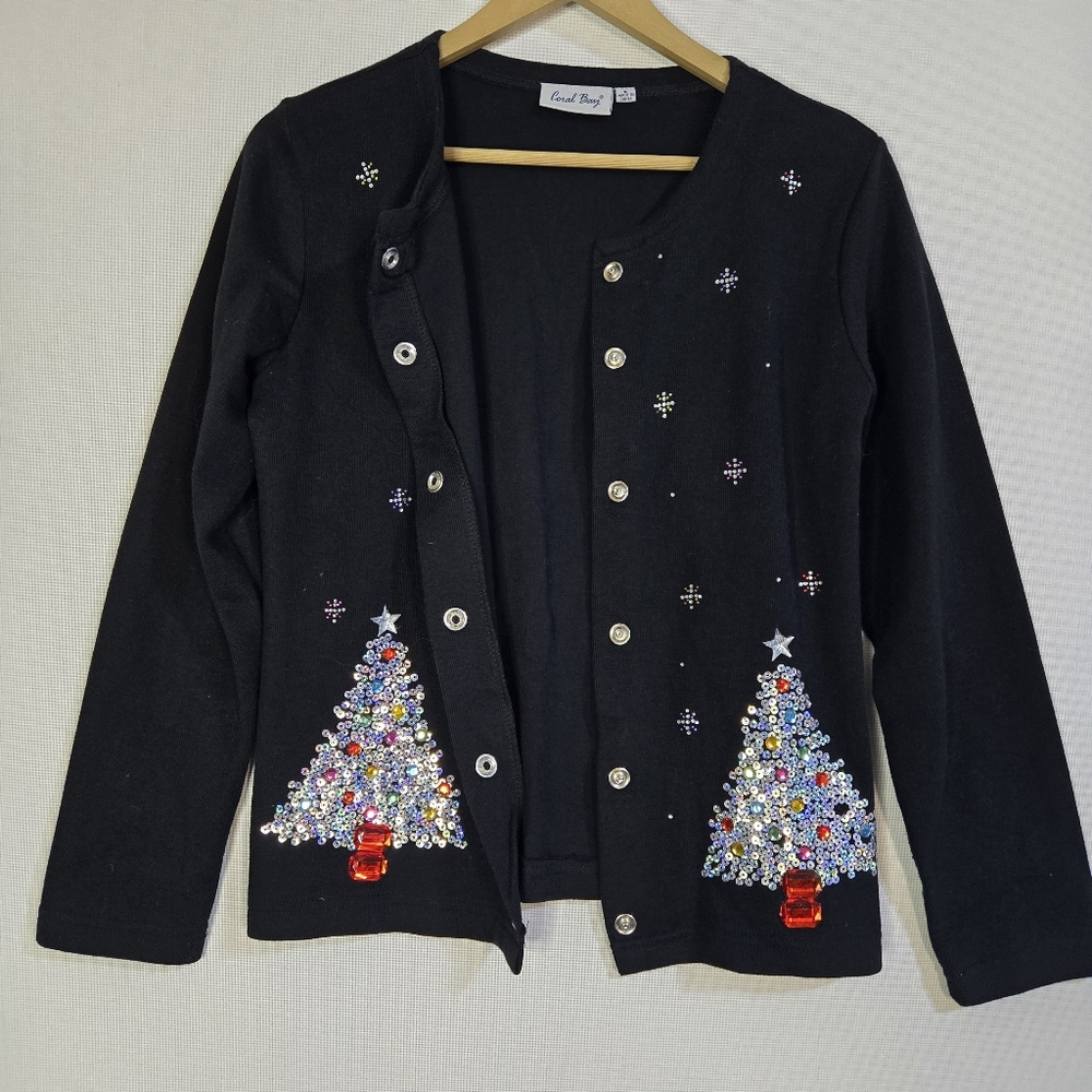 Coral Bay Women's Sz S Black bedazzled Holiday Lightweight Cardigan - Picture 5 of 10
